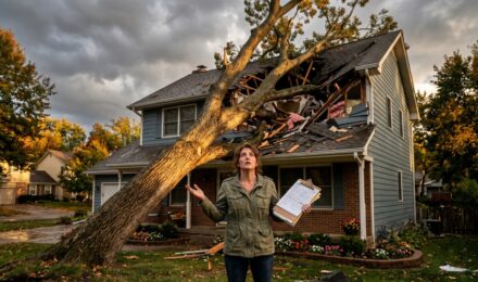 A large fallen tree crushing the roof of a house after a storm, illustrating tree falls on house insurance coverage