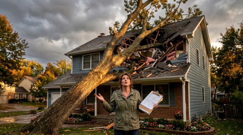 A large fallen tree crushing the roof of a house after a storm, illustrating tree falls on house insurance coverage