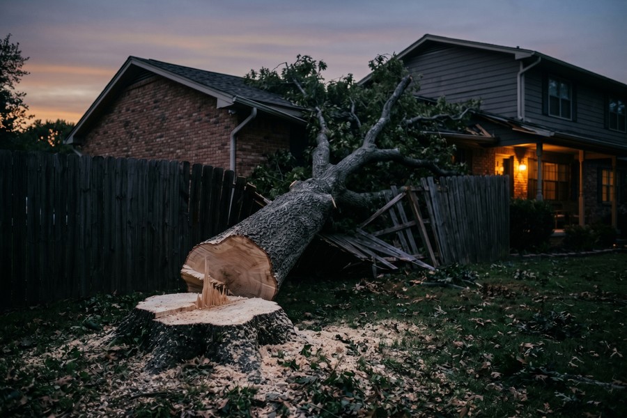 Large oak tree fallen through residential roof after severe windstorm, causing major structural damage