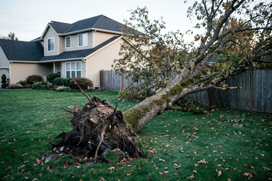 Insurance adjuster inspecting tree damage to a home's roof and gutters during a claim assessment