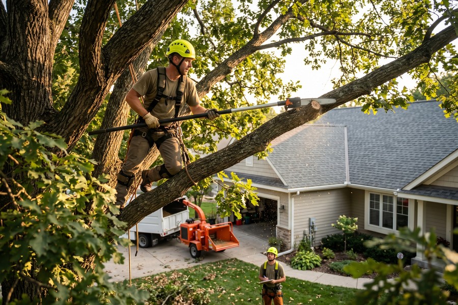 Certified arborist inspecting large mature tree near residential home for structural integrity and decay