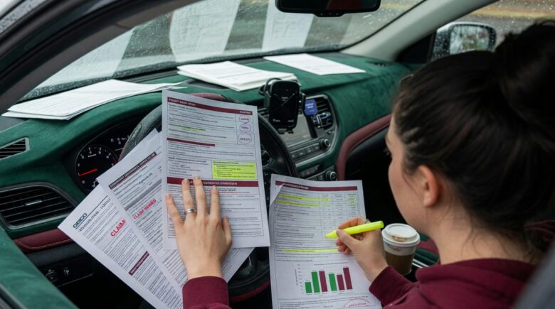 Driver reviewing car insurance quote on laptop after multiple accidents on record