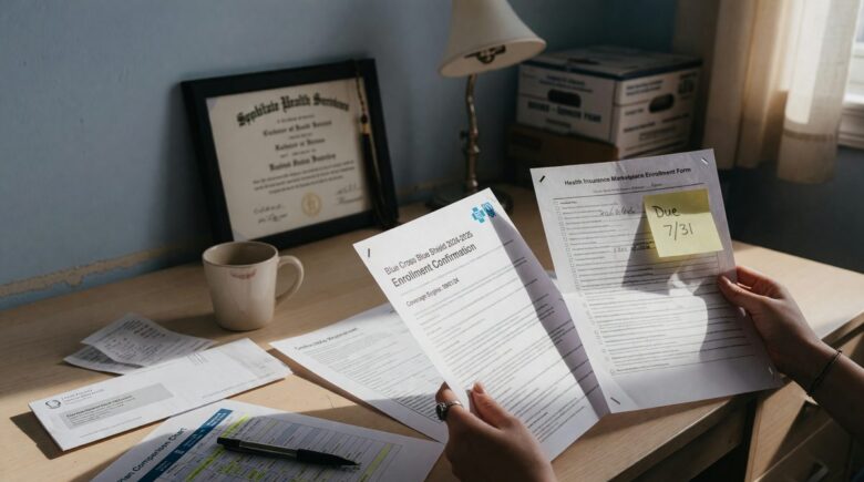 Recent college graduate reviewing health insurance options on laptop after losing student coverage