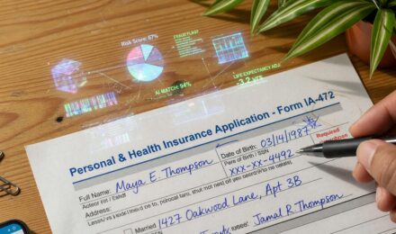 Digital representation of AI algorithms analyzing insurance underwriting data with risk assessment metrics