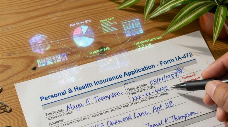 Digital representation of AI algorithms analyzing insurance underwriting data with risk assessment metrics