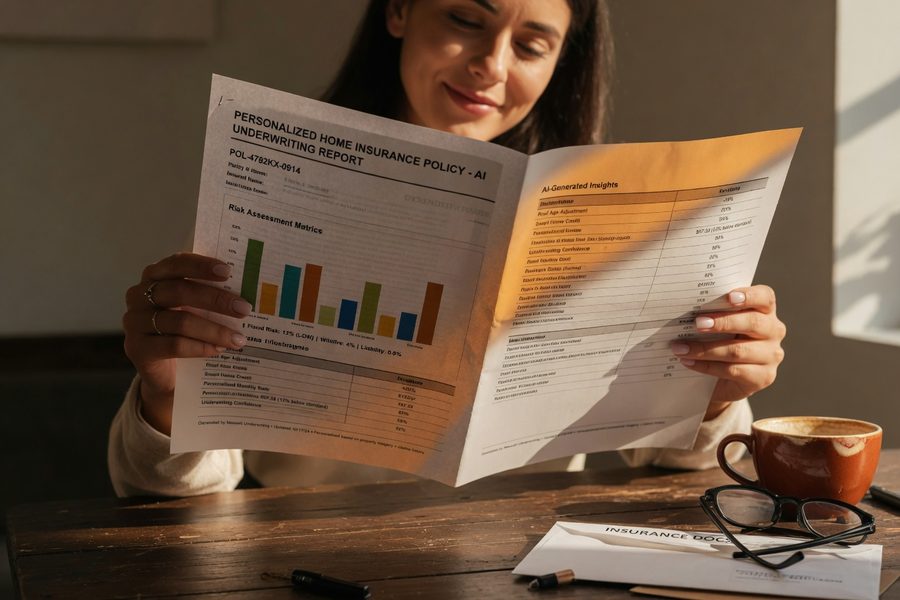 Insurance underwriter reviewing AI-generated risk report on dual monitors in 2026 office setting