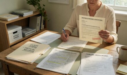 Person reviewing a denied health insurance claim letter with documents and medical records