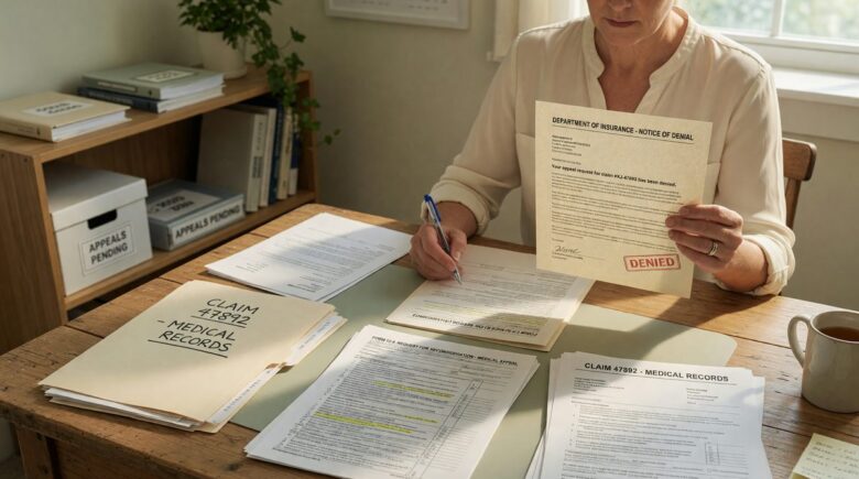 Person reviewing a denied health insurance claim letter with documents and medical records