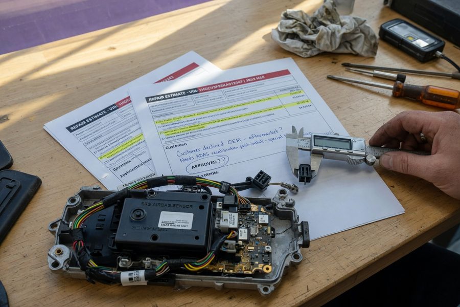 Mechanic recalibrating ADAS camera sensors after a windshield replacement