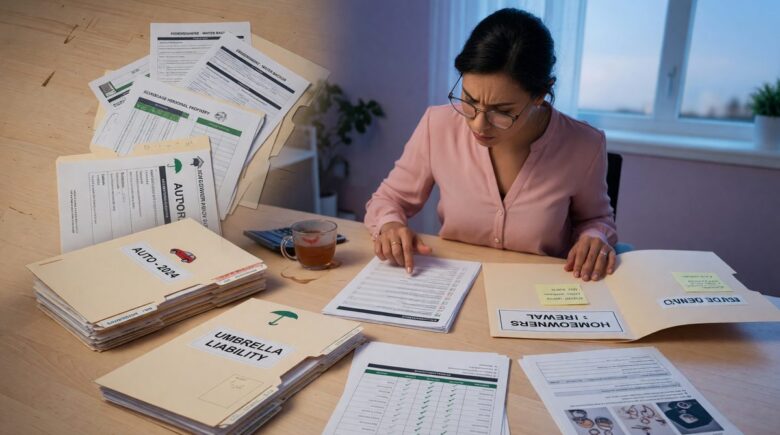 Documents showing homeowners and auto insurance policies bundled together for multi-policy discount