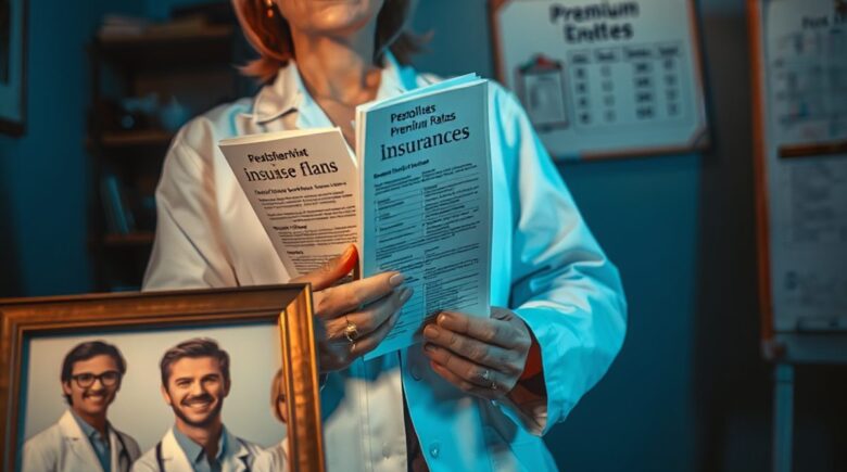 A person checking their insurance plan options on a computer with a doctor icon in the background
