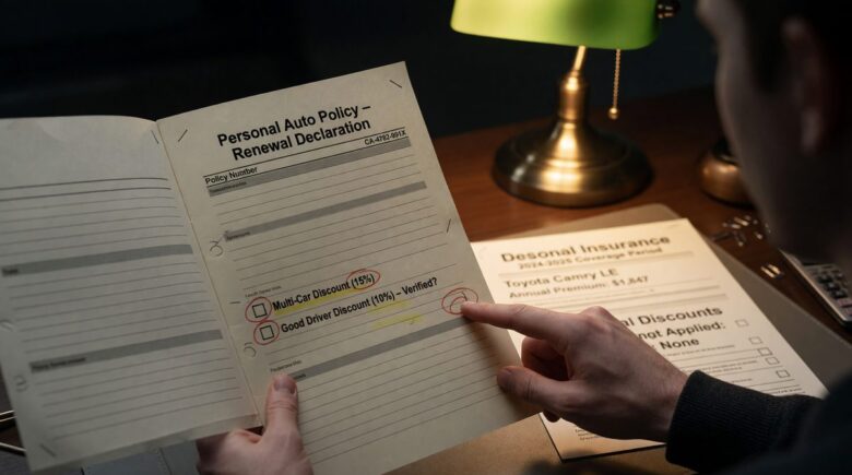 Person reviewing car insurance discounts and policy paperwork at home