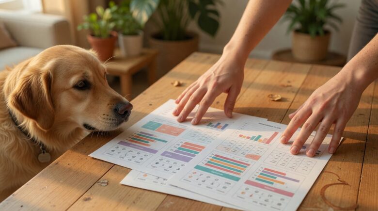 Pet owner reviewing pet insurance policy documents to compare deductibles and coverage options