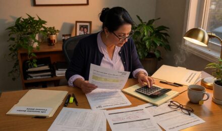 Person comparing term life insurance quotes on laptop with calculator and documents