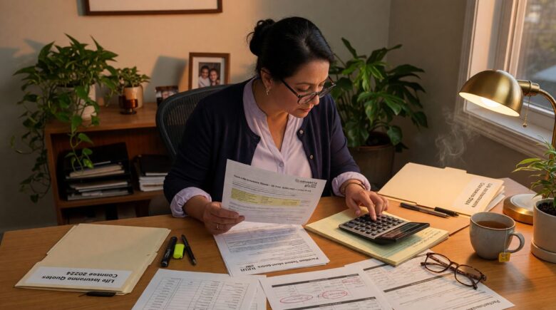Person comparing term life insurance quotes on laptop with calculator and documents