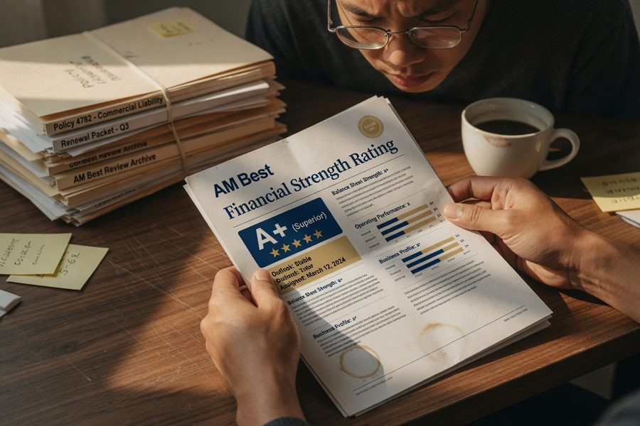AM Best financial rating scale displayed on a clipboard next to a term life policy document