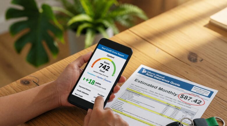 Document showing credit score report next to car insurance policy