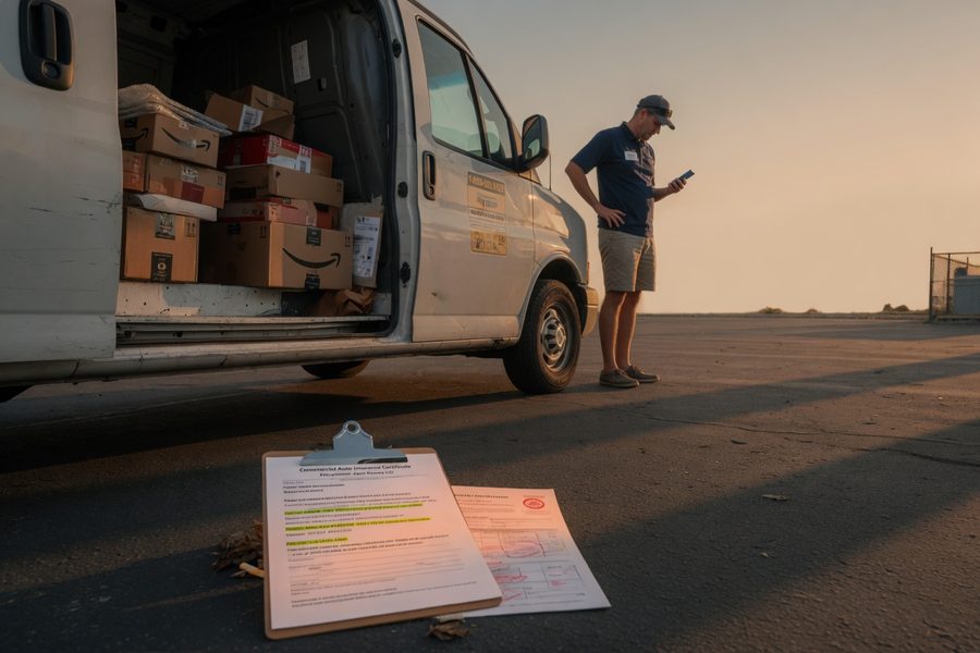 Delivery driver reviewing insurance policy documents at a desk with a smartphone showing a gig app