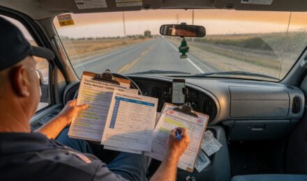 Delivery driver checking insurance documents while holding package next to car