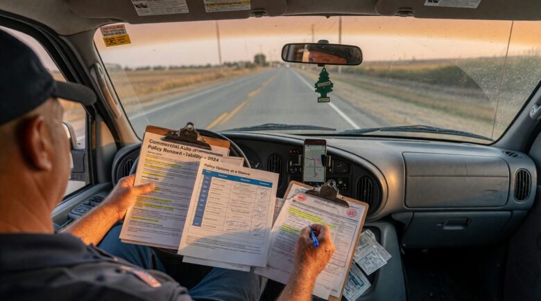Delivery driver checking insurance documents while holding package next to car