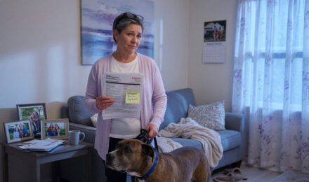 Dog sitting with homeowners insurance policy document and breed restriction notice