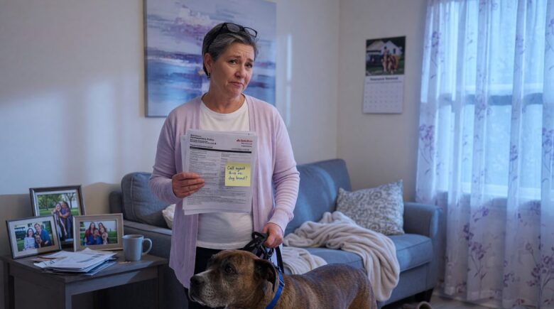 Dog sitting with homeowners insurance policy document and breed restriction notice