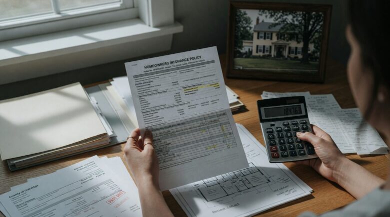 Calculator and notepad showing dwelling coverage amount calculation next to a house blueprint