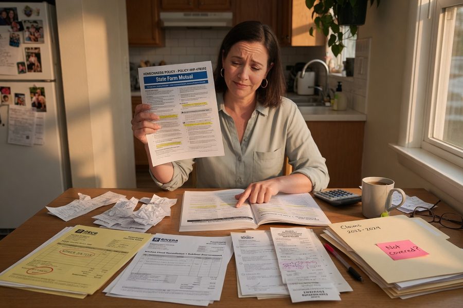Homeowner reviewing dwelling coverage limits with an insurance agent at a kitchen table