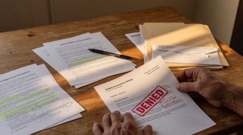 Woman reviewing denied insurance claim letter at desk with documents and phone