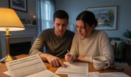 New homeowner reviewing homeowners insurance policy documents at kitchen table