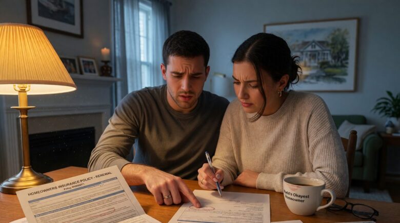 New homeowner reviewing homeowners insurance policy documents at kitchen table