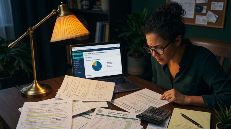 Breakdown of monthly insurance costs for freelance consultants showing health, liability, and disability coverage components