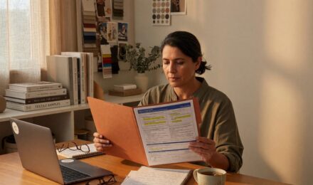 Middle-aged freelance designer reviewing health insurance options at desk with laptop and documents