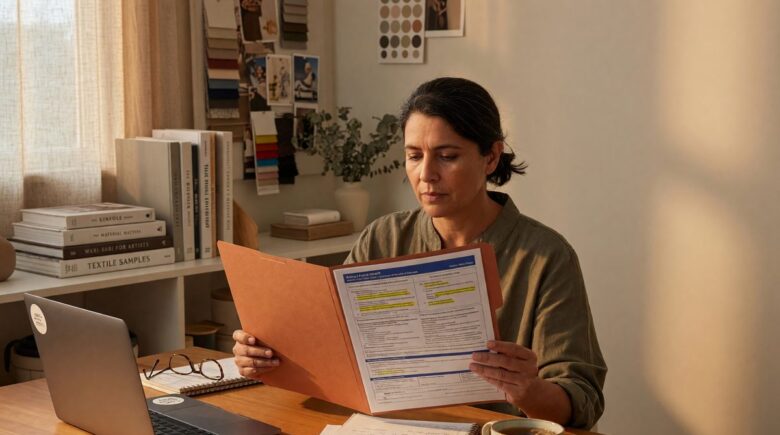 Middle-aged freelance designer reviewing health insurance options at desk with laptop and documents