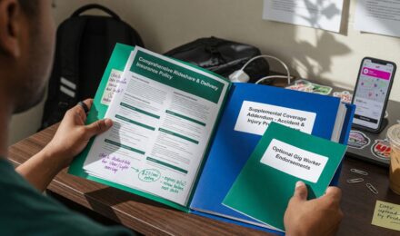 Gig worker reviewing insurance plan documents at desk with laptop and notes