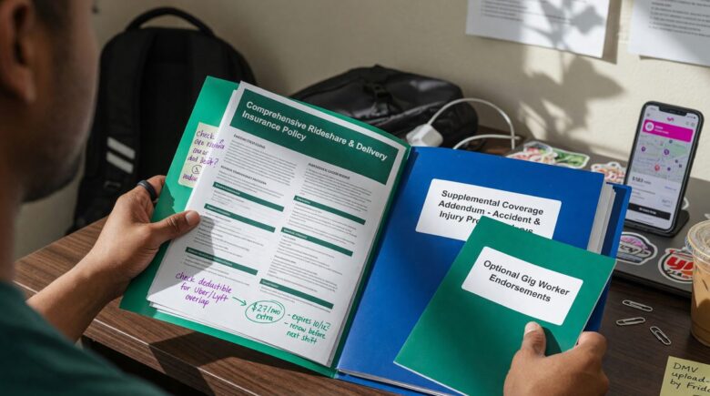 Gig worker reviewing insurance plan documents at desk with laptop and notes