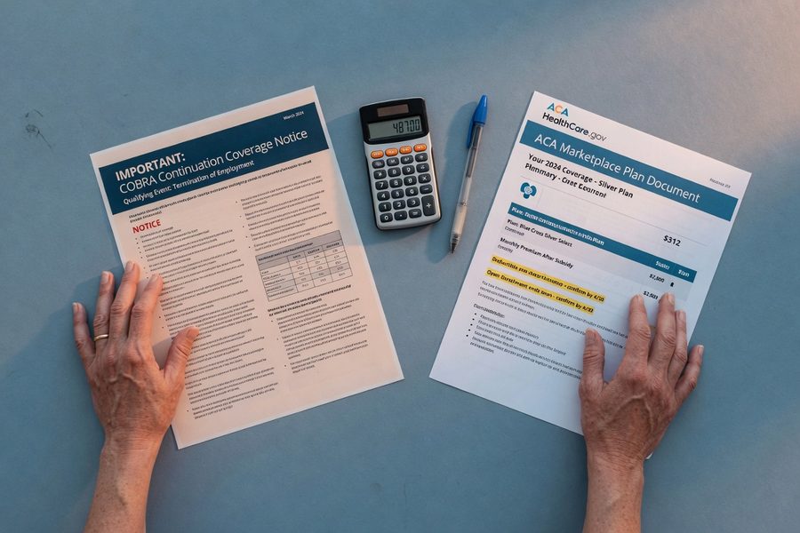 Side-by-side comparison of COBRA versus ACA Marketplace plan costs for a 58-year-old after job loss