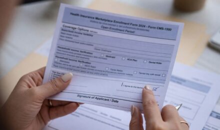 Woman reviewing health insurance documents and comparing coverage options after divorce