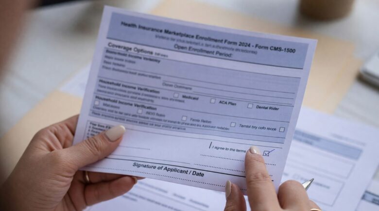 Woman reviewing health insurance documents and comparing coverage options after divorce
