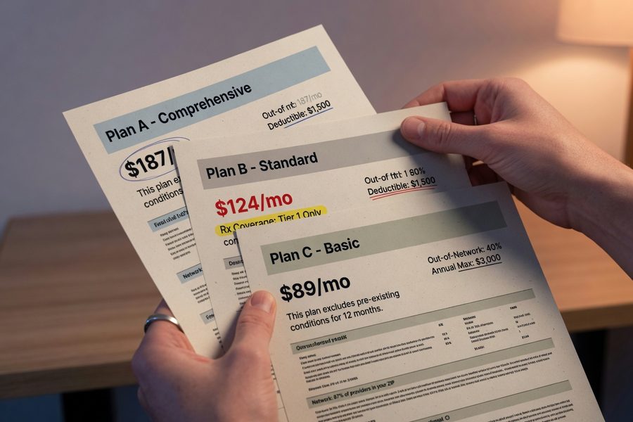 Side-by-side comparison of Medicaid, ACA Marketplace, and employer plan cost structures for part-time workers