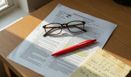 Close-up of term life insurance policy document highlighting fine print clauses and exclusions