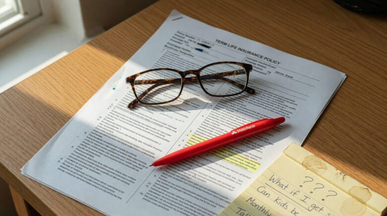Close-up of term life insurance policy document highlighting fine print clauses and exclusions