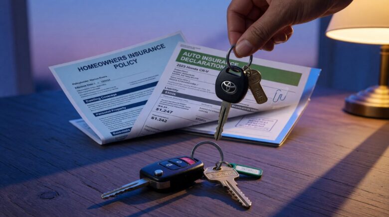 Comparison of home and auto insurance policy documents and discount percentages side by side
