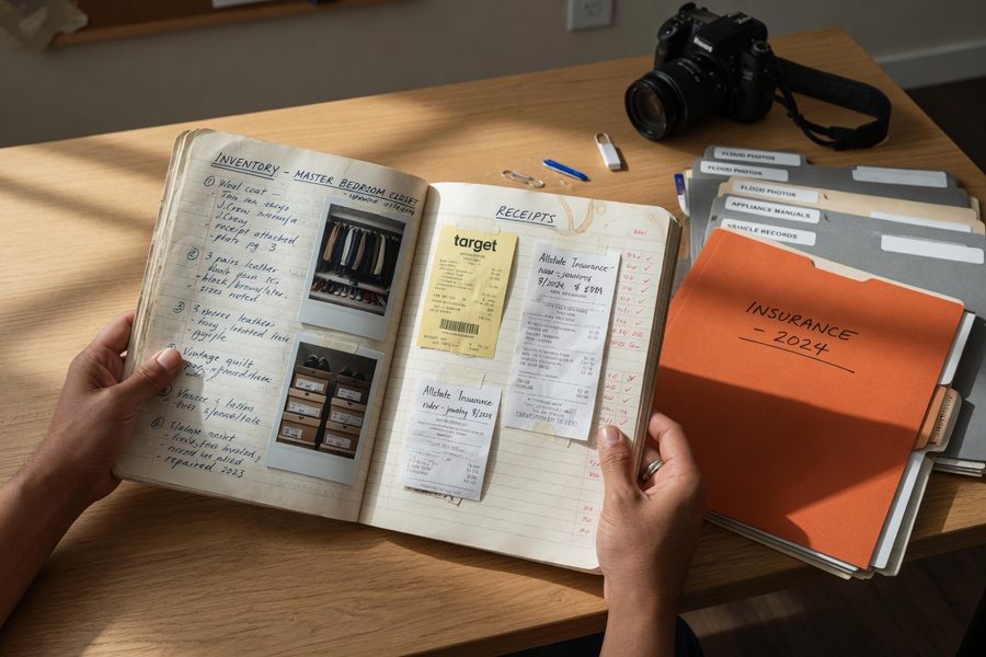 Homeowner photographing electronics and appliances for a room-by-room home inventory