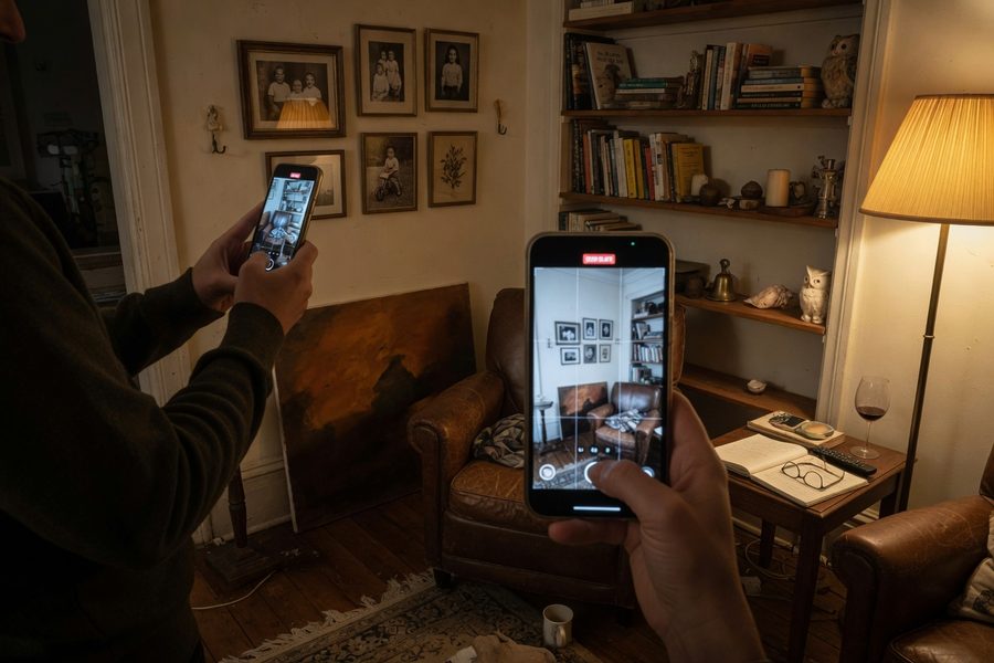 Split-screen showing smartphone app inventory entry next to printed spreadsheet of household items