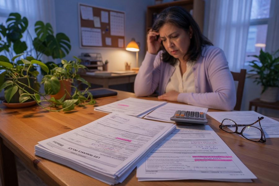Homeowner reviewing insurance policy documents at kitchen table with laptop open