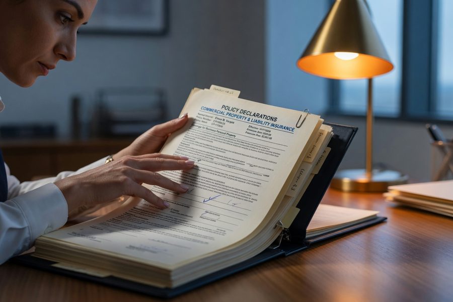Insurance binder document with coverage details, effective date, and insurer signature on a desk