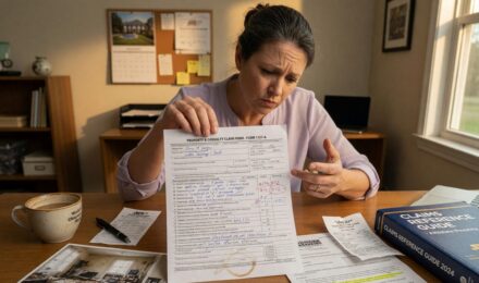 Person reviewing insurance claim documents and policy paperwork at a desk