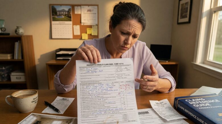 Person reviewing insurance claim documents and policy paperwork at a desk