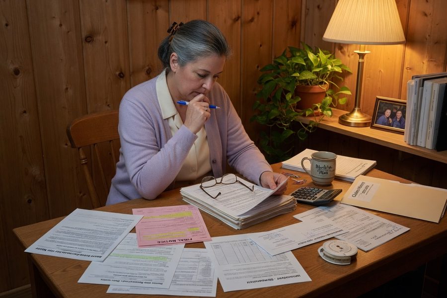 Person on phone with insurance company, reviewing policy documents on a desk
